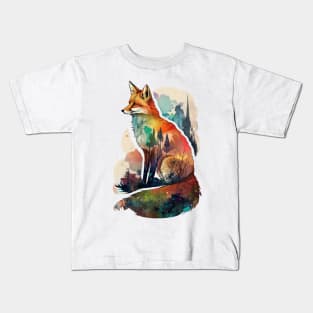 Fox Watercolor Forest Cute Autumn Leaves Landscape Animal Print Kids T-Shirt